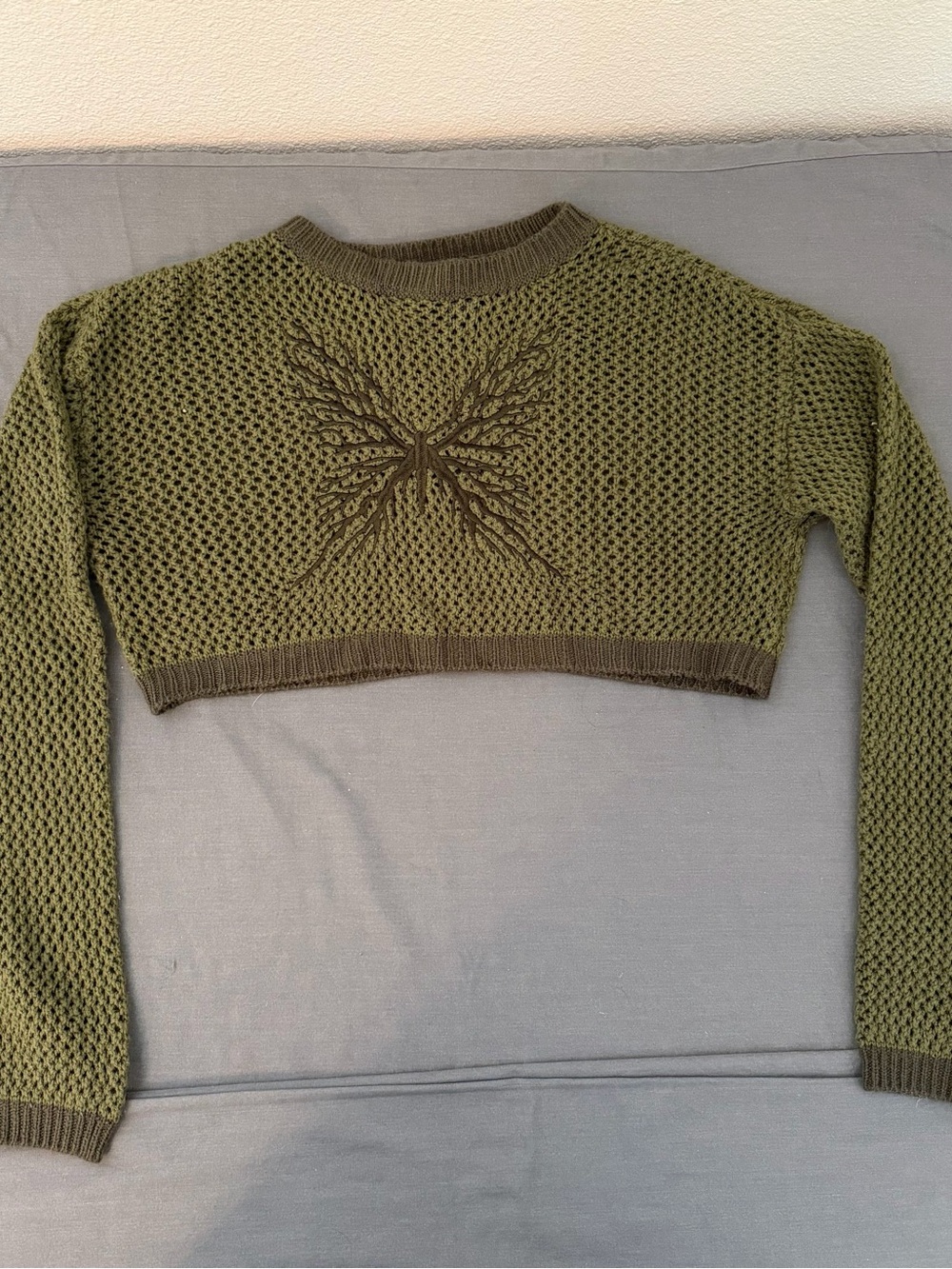Hot Topic Olive Green Cropped Crewneck Sweater with Embroidered Butterfly